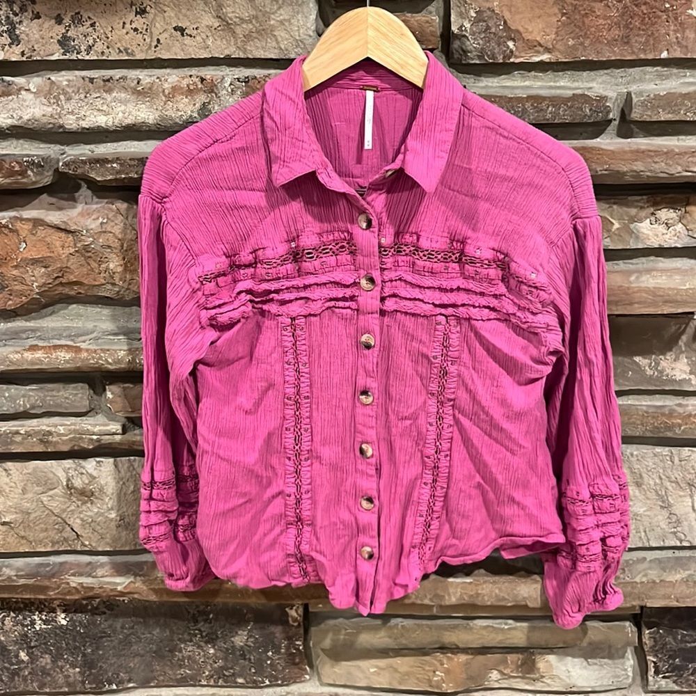 Free People Summer Stars Pink Button Down Shirt Crinkle Cotton/Modal Blend